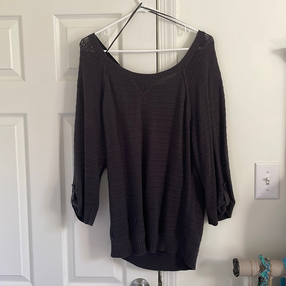 Purple, woven, off-shoulder sweater from American Eagle.